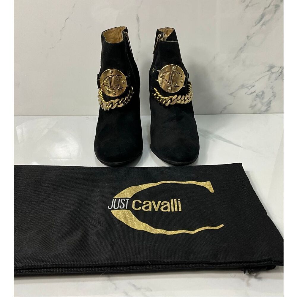JUST CAVALLI Black Suede Ankle Boots With Gold Chain Embellishment